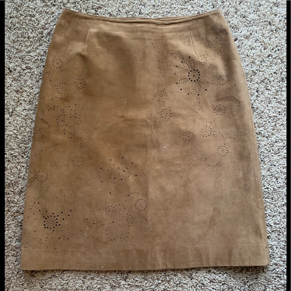 Ann Taylor LeatherSuede Knee Length Skirt Perforated Accents Color Brown Size 8